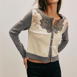 We The Free Loui embellished  Gray and Cream Embroidered Cardigan